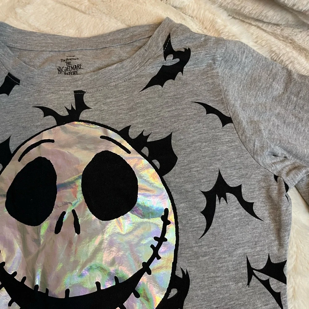 NWT Disney Jack Skellington Girl XL/16 Grey Black Iridescent Bat Long Sleeve Tee